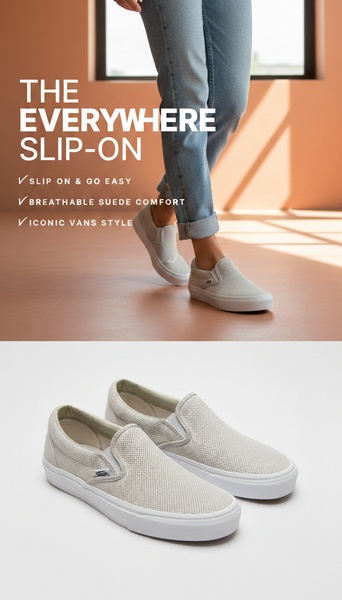 slip-on shoes, canvas sneakers, casual sneakers, slip-on sneakers, skate shoes, loafers, deck shoes, product launch, lifestyle, minimalist, calm, trustworthy, neutral, brown